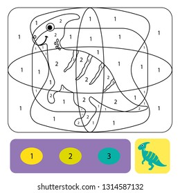 Cute dino coloring page for kids. Printable design coloring book. Coloring puzzle with numbers of color. Black and white draw with color example.
