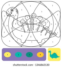 Cute dino coloring page for kids. Printable design coloring book. Coloring puzzle with numbers of color. Black and white draw with color example.