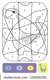 Cute dino coloring page for kids. Printable design coloring book. Coloring puzzle with numbers of color. Black and white draw with color example.