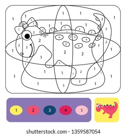 Cute dino coloring page for kids. Printable design coloring book. Coloring puzzle with numbers of color. Black and white draw with color example.