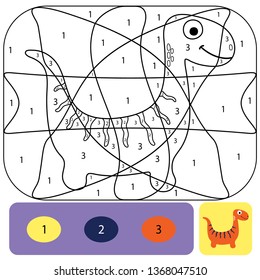 Cute dino coloring page for kids. Printable design coloring book. Coloring puzzle with numbers of color. Black and white draw with color example.