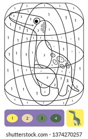 Cute dino coloring page for kids. Printable design coloring book. Coloring puzzle with numbers of color. Black and white draw with color example.