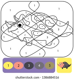 Cute dino coloring page for kids. Printable design coloring book. Coloring puzzle with numbers of color. Black and white draw with color example.