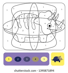 Cute dino coloring page for kids. Printable design coloring book. Coloring puzzle with numbers of color. Black and white draw with color example.
