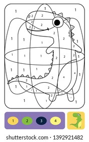 Cute dino coloring page for kids. Printable design coloring book. Coloring puzzle with numbers of color. Black and white draw with color example.