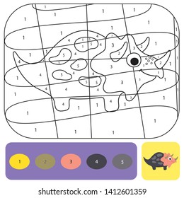 Cute dino coloring page for kids. Printable design coloring book. Coloring puzzle with numbers of color. Black and white draw with color example.