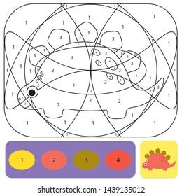 Cute dino coloring page for kids. Printable design coloring book. Coloring puzzle with numbers of color. Black and white draw with color example.
