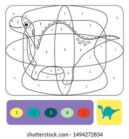 Cute dino coloring page for kids. Printable design coloring book. Coloring puzzle with numbers of color. Black and white drawing with color example.