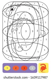 Cute dino coloring page for kids. Printable design coloring book. Coloring puzzle with numbers of color. Black and white drawing with color example.