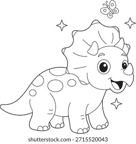Linda página para colorear Dino imprimible para niños pequeños. Ilustración feliz de Triceratops para el libro para colorear de los niños. Página de actividad para niños
