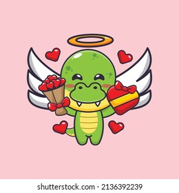 cute dino cupid cartoon character holding love gift and love bouquet
