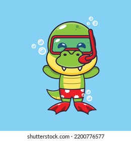 Cute dino diving cartoon mascot character illustration.
