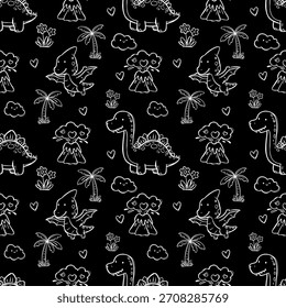 Cute Dino Doodle Seamless Pattern on Black,Hand Drawn Dinosaur Line Art Pattern,Black and White Dino Cartoon Seamless Background,Doodle Dragons and Dinosaurs Pattern