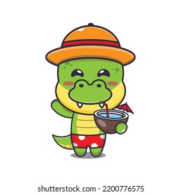 
Cute dino drink coconut cartoon illustration.