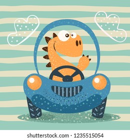 Cute dino drive funny car. Hand Draw