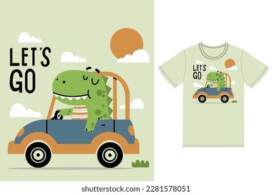 Cute dino driving car illustration with tshirt design premium vector the Concept of Isolated Technology. Flat Cartoon Style Suitable for Landing Web Pages,T shirt, Flyers, Stickers