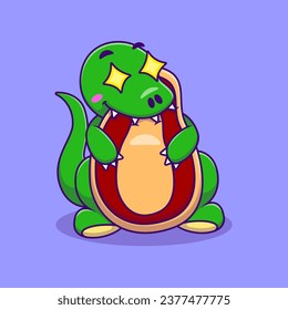Cute Dino Eat Meat Cartoon Vector Illustration. Flat Cartoon Concept.