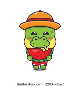 Cute dino eating fresh watermelon cartoon illustration.