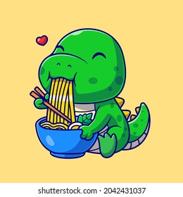 Cute Dino Eating Ramen Noodles Cartoon Vector Icon Illustration. Animal Food Icon Concept Isolated Premium Vector. Flat Cartoon Style