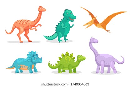 Cute dino flat icon set. Cartoon ancient pterodactyl, brontosaurus and triceratops isolated vector illustration collection. Monsters and prehistoric reptiles concept