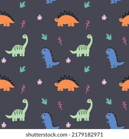 Cute dino flat seamless pattern vector perfect for toddler wallpaper, blanket, clothes, toy, and book