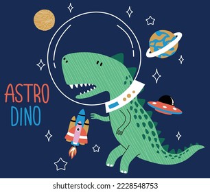 süßer Dino, der im Weltraum fliegt. Vektorgrafik-Design für Modestoffe, Stoffgrafiken, Drucke.