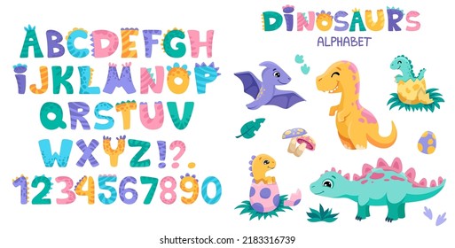 Cute Dino font with alphabet letters, dinosaurs, signs and numbers. Character collection in hand drawn cartoon style for your design, nursery or kindergarten banners and posters. Vector illustration
