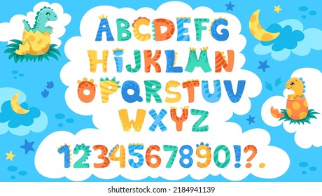 Cute Dino font with alphabet letters, dinosaurs, signs and numbers. Character collection in hand drawn cartoon style for your design, nursery or kindergarten banners and posters. Vector illustration