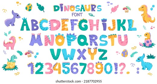 Cute Dino font with alphabet letters, dinosaurs, signs and numbers. Character collection in hand drawn cartoon style for your design, nursery or kindergarten banners and posters. Vector illustration
