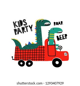 Cute dino friends traveling in truck. Fun dinosaur driving a truck. Vector for baby fashion print. Vector illustration.