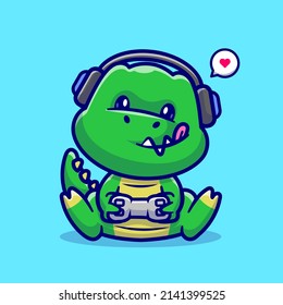 Cute Dino Gaming Cartoon Vector Icon Illustration. Animal Technology Icon Concept Isolated Premium Vector. Flat Cartoon Style