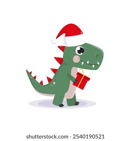 Cute dino with gift box. Christmas dinosuar. Cartoon style.