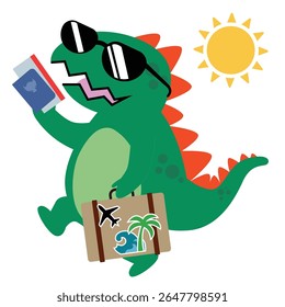 Cute dino green travel to summer holiday flat drawing. Dinosaur summer beach vacation cartoon drawing