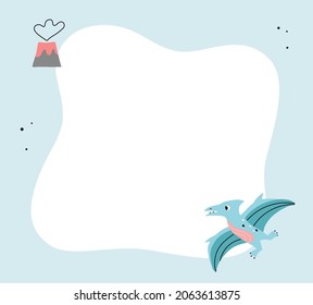 Cute dino. Hand drawn dinosaur with frame. Template for text or photo. Suitable for invitations, kindergarten, preschool. Vector illustration.