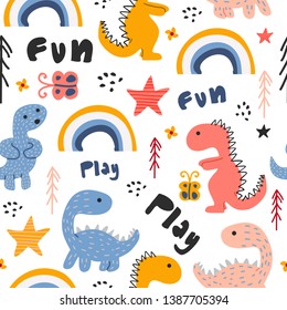 Cute dino hand drawn seamless pattern childish drawing colorful background