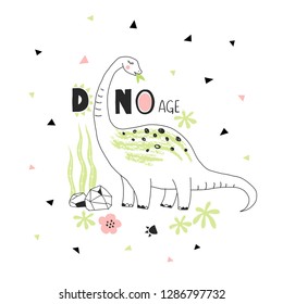 Cute Dino hand drawn summer typographic vector illustration. Perfect for kids t-shirt print, children fashion wear, wall art posters