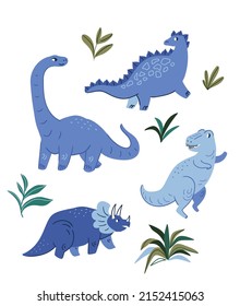 Cute dino hand-drawn vector design elements isolated on white background. Dinosaurs and tropical leaves. Vector animal illustration.