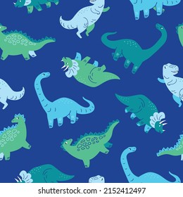 Cute dino hand-drawn vector seamless pattern. Dinosaurs on blue background. Suitable for textile, wrapping paper, surface design kidswear. Vector animal repeat design.