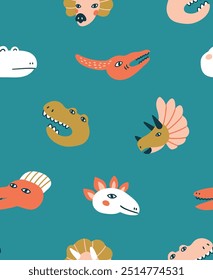 Cute dino hand-drawn vector seamless pattern. Dinosaurs on turquoise background. Seamless pattern design for textile, wrapping paper, surface design kidswear. Vector animal repeat design.