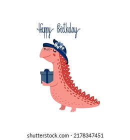 Cute Dino In Hat With Gift. Happy Birthday Text. Funny Dinosaur Girl Holding Box With Present. Cartoon Character, Hand Drawn Vector Illustration For Kids, Isolated On White. Flat Design. 