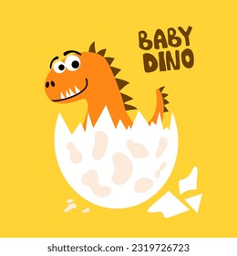 Cute dino hatching from the egg children doodle print, vector illustration. Good for T-shirt print, poster, card.