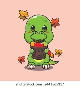 Cute dino holding a apple in wood bucket. Mascot cartoon vector illustration suitable for poster, brochure, web, mascot, sticker, logo and icon.