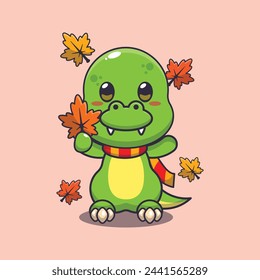 Cute dino holding autumn leaf. Mascot cartoon vector illustration suitable for poster, brochure, web, mascot, sticker, logo and icon.