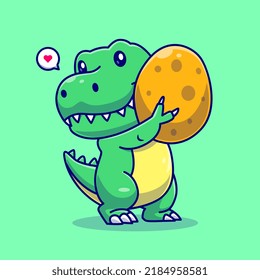 Cute Dino Holding Egg Cartoon Vector Icon Illustration. Animal Nature Icon Concept Isolated Premium Vector. Flat Cartoon Style