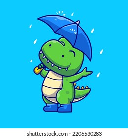 Cute Dino Holding Umbrella In Rain Cartoon Vector Icon Illustration. Animal Nature Icon Concept Isolated Premium Vector. Flat Cartoon Style