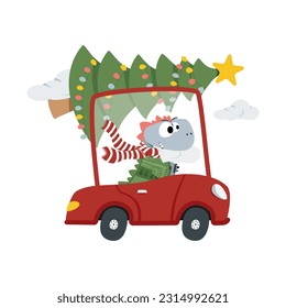 Cute dino illustration. Christmas Greeting Card with Santa Claus. Template for New 2024 Year Cards, Stickers. Adorable hand drawn kids dinosaur characters in car with Christmas tree.