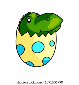 Cute dino kid exit from cracked dotted eggshell