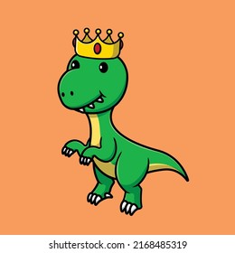 Cute Dino King Cartoon Vector Icon Illustration. Animal Icon Concept Isolated Premium Vector.
