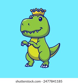 Cute Dino King Wearing Crown Cartoon Vector Icon Illustration. Animal Holiday Icon Concept Isolated Premium Vector. Flat Cartoon Style