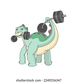 Cute dino lifts the barbell. Animal cartoon concept isolated. Can used for t-shirt, greeting card, invitation card or mascot.